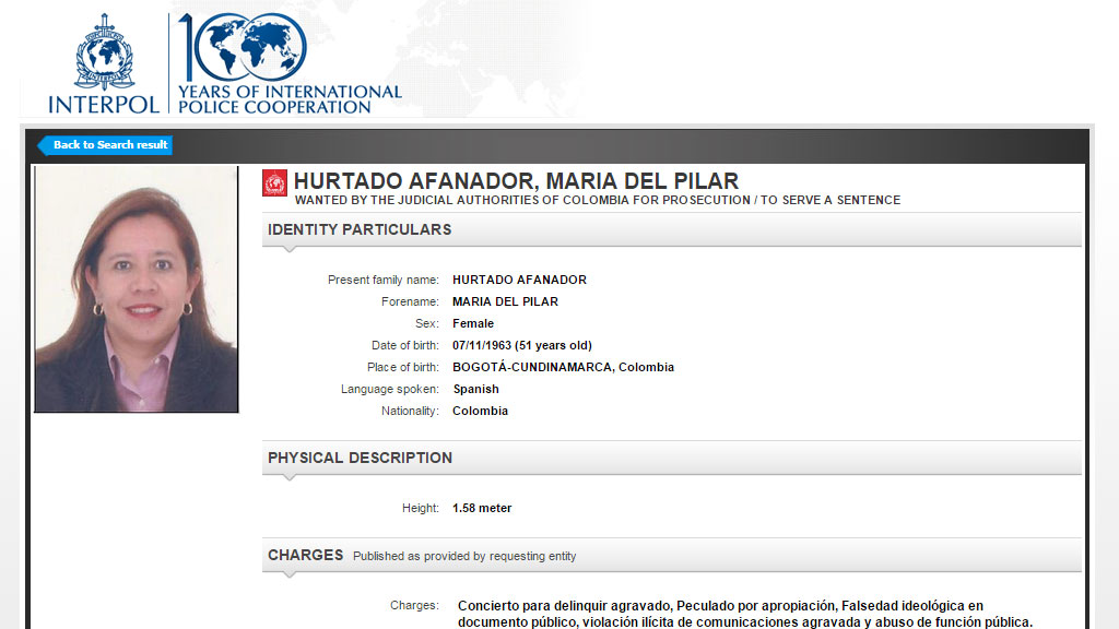 Red notice  for Maria del Pilar Hurtado