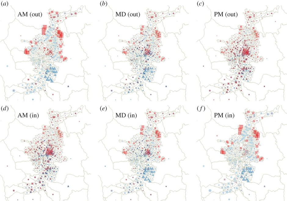 Geographical location of origin (out, (a–c)) and destination (in, (d–f)) nodes of the trips performed during each time slot (AM left, MD middle, PM right) by the individuals of three socio-economic classes, namely 1 (poorest, red squares), 3 (low middle class, light blue circles) and 6 (richest, dark blue triangles). (Royal Society Open Science)